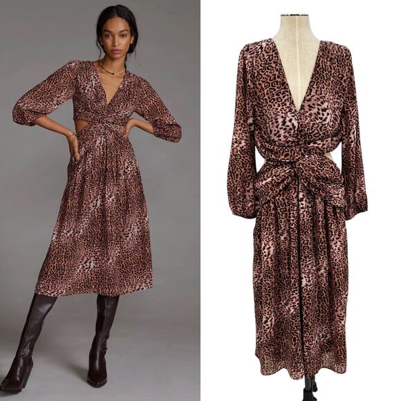 Anthropologie Ranna Gill Dress Midi Leopard Print Cut Out Long Sleeve Size XL - Picture 1 of 14